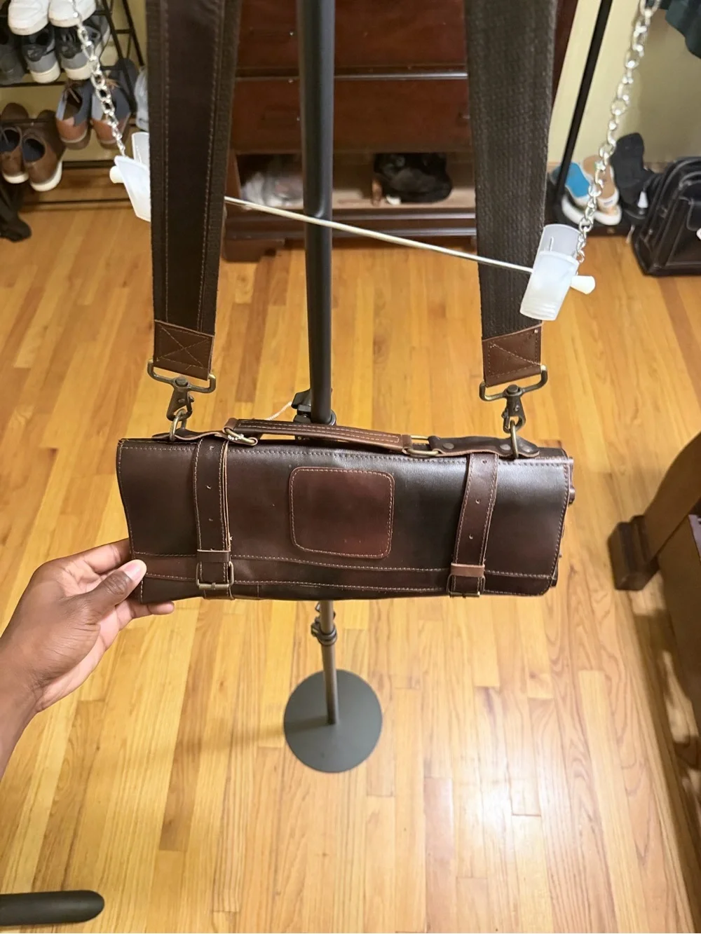 Dark Brown Leather Knife Roll with Adjustable Shoulder Strap
